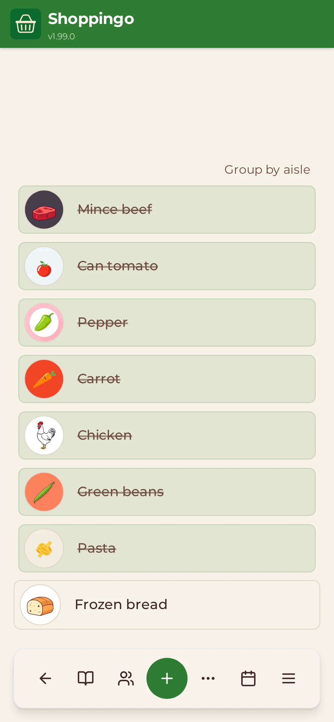 A shared Groceries list in Shoppingo with items ticked off.