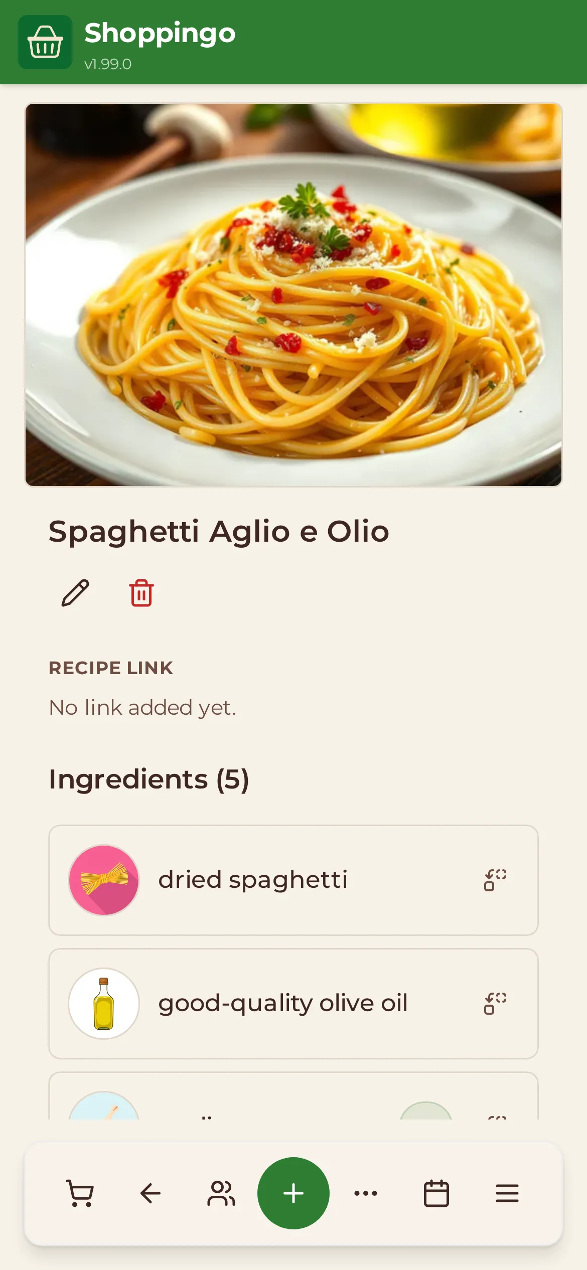A Spaghetti Aglio e Olio recipe in Shoppingo, with a photo and its list of ingredients.